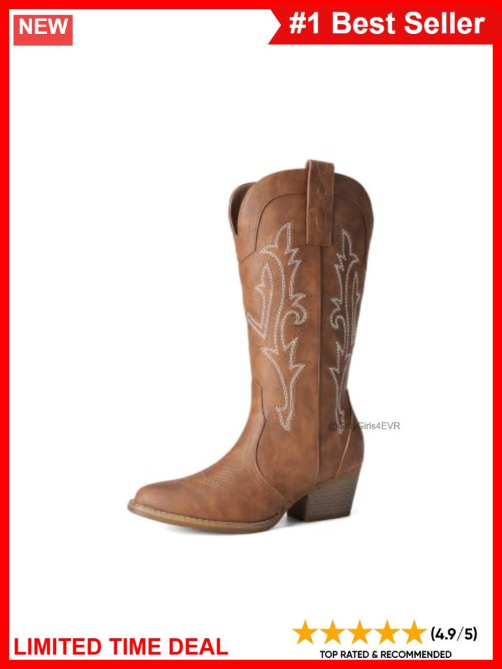Womens Cowboy Western Boots Faux Leather Pointed Toe Block Heel Mid-Calf
